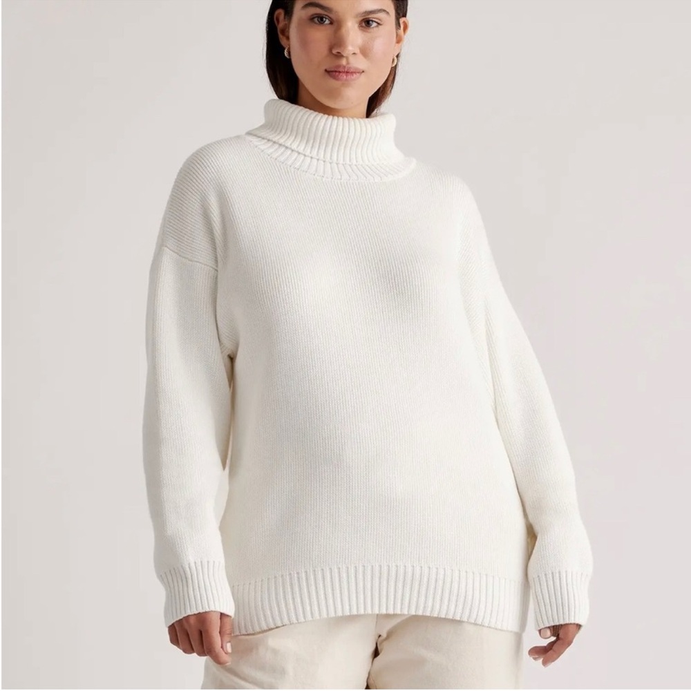 Quince White Cotton Turtleneck Sweater